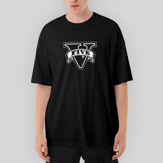 GTA Five Black Logo Oversize Siyah Tişört - Zepplingiyim