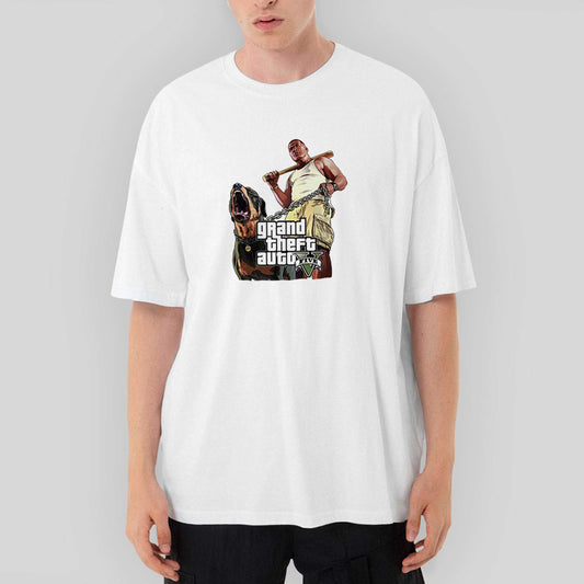 Grand Theft Auto Five Dog And Man Oversize Beyaz Tişört - Zepplingiyim