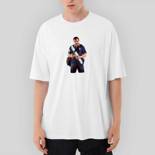 GTA Blue Thief Man Oversize Beyaz Tişört - Zepplingiyim