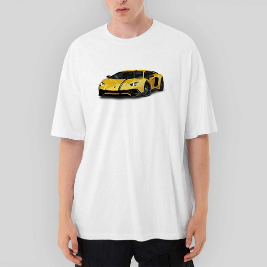 Lamborghini Aventador Yellow Oversize Beyaz Tişört - Zepplingiyim