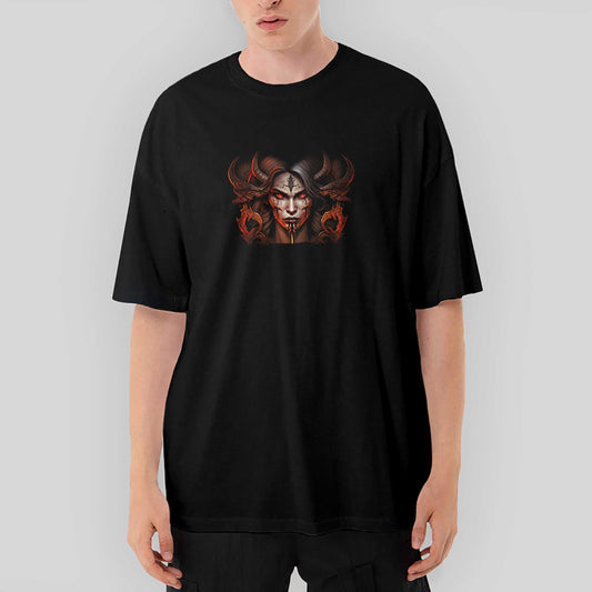 Diablo IV Lilith Face Oversize Siyah Tişört - Zepplingiyim