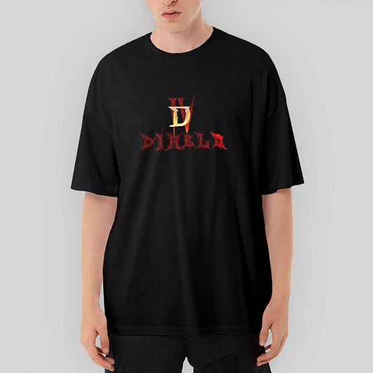 Diablo IV Logo ve Text Oversize Siyah Tişört - Zepplingiyim
