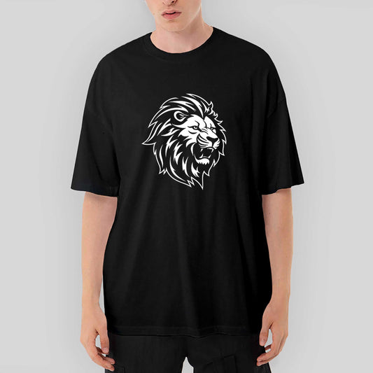 Black and White Lion Oversize Siyah Tişört - Zepplingiyim