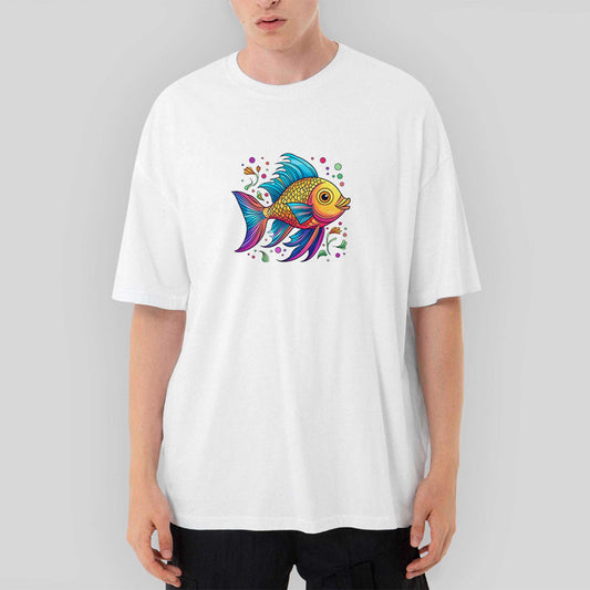 Colorful Fish Oversize Beyaz Tişört - Zepplingiyim