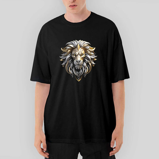 Silver and Gold Lion Oversize Siyah Tişört - Zepplingiyim
