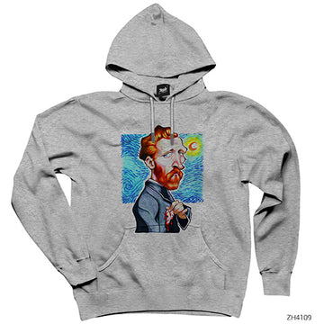 Van Gogh Karikatür Gri Kapşonlu Sweatshirt Hoodie