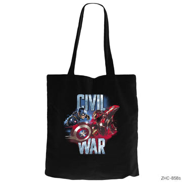 Civil War - Captain America Iron Man Siyah Kanvas Bez Çanta