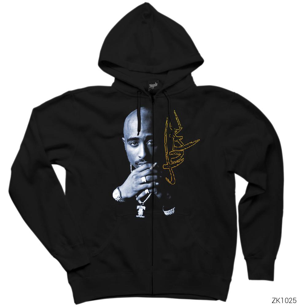 Tupac Shakur Smoke Siyah Fermuarlı Kapşonlu Sweatshirt