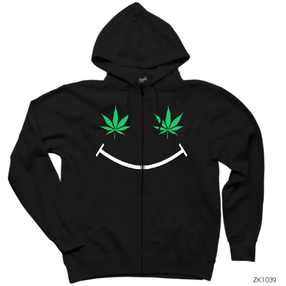 Cannabis Smile Siyah Fermuarlı Kapşonlu Sweatshirt