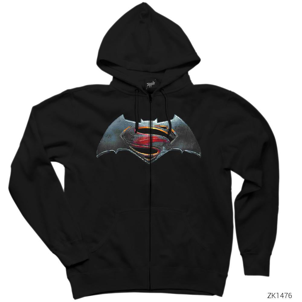 Superman v Batman Logo Siyah Fermuarlı Kapşonlu Sweatshirt