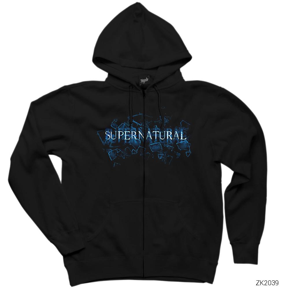 Supernatural Glass Shatter Siyah Fermuarlı Kapşonlu Sweatshirt