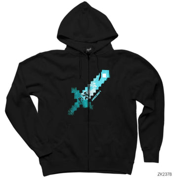 Minecraft Diamond Sword Siyah Fermuarlı Kapşonlu Sweatshirt