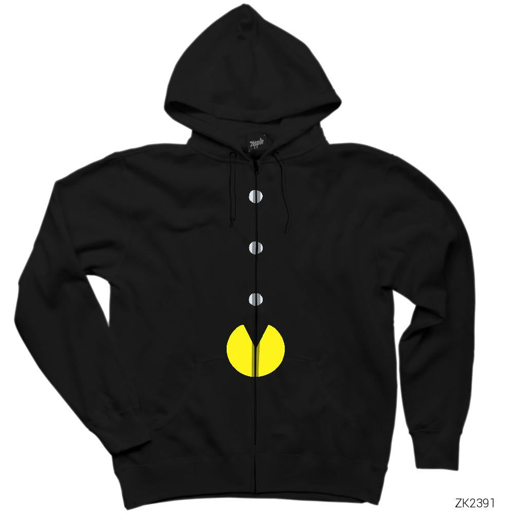 Pac-man Classic Siyah Fermuarlı Kapşonlu Sweatshirt