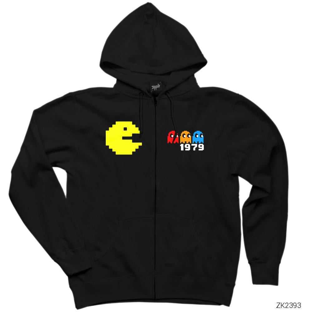 Pac-man Pixel Siyah Fermuarlı Kapşonlu Sweatshirt