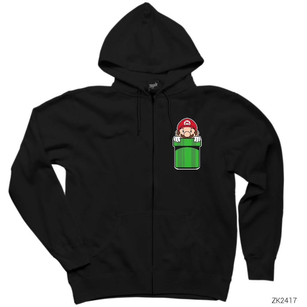 Super Mario Pocket Siyah Fermuarlı Kapşonlu Sweatshirt