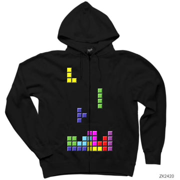 Tetris Blocks Siyah Fermuarlı Kapşonlu Sweatshirt