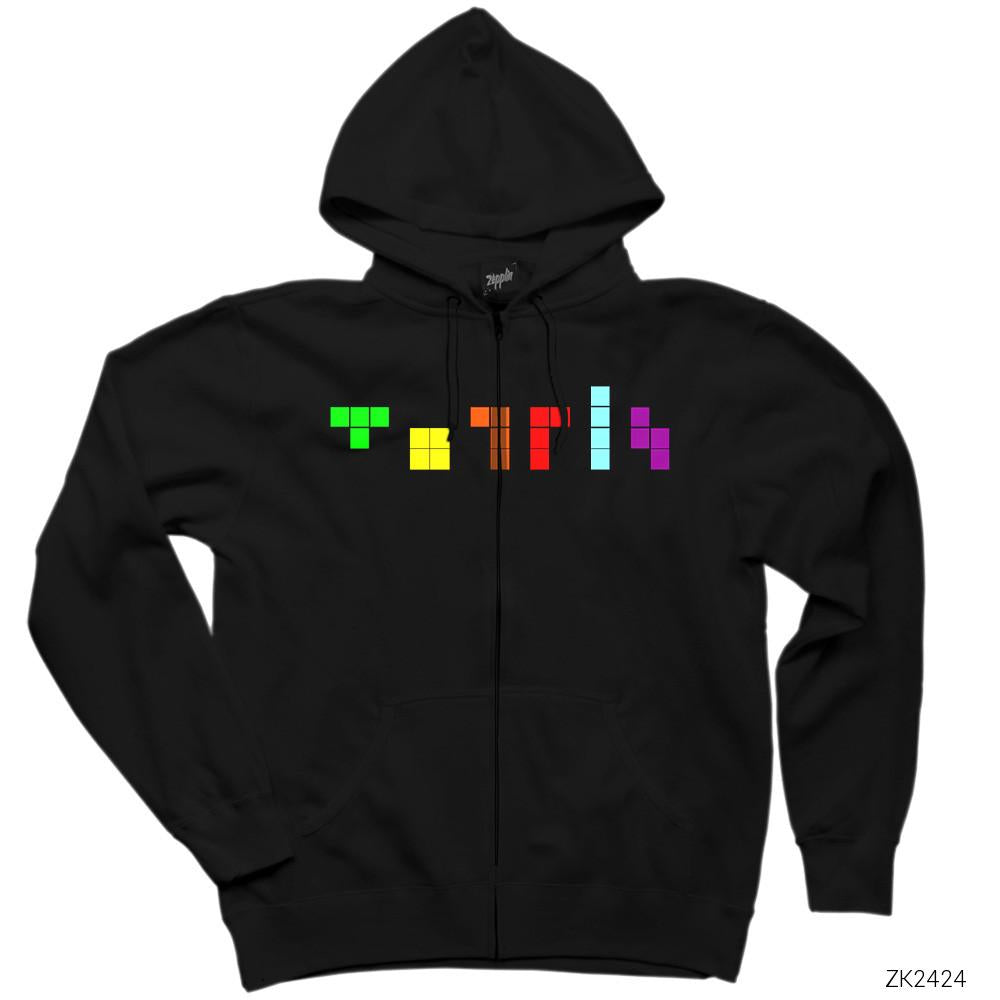 Tetris Symbol Siyah Fermuarlı Kapşonlu Sweatshirt