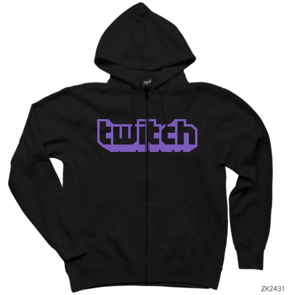 Twitch Logo 2 Siyah Fermuarlı Kapşonlu Sweatshirt