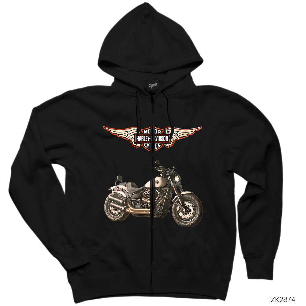Harley Davidson Fat Bob Siyah Fermuarlı Kapşonlu Sweatshirt