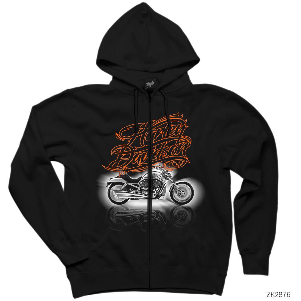 Harley Davidson Lined Siyah Fermuarlı Kapşonlu Sweatshirt