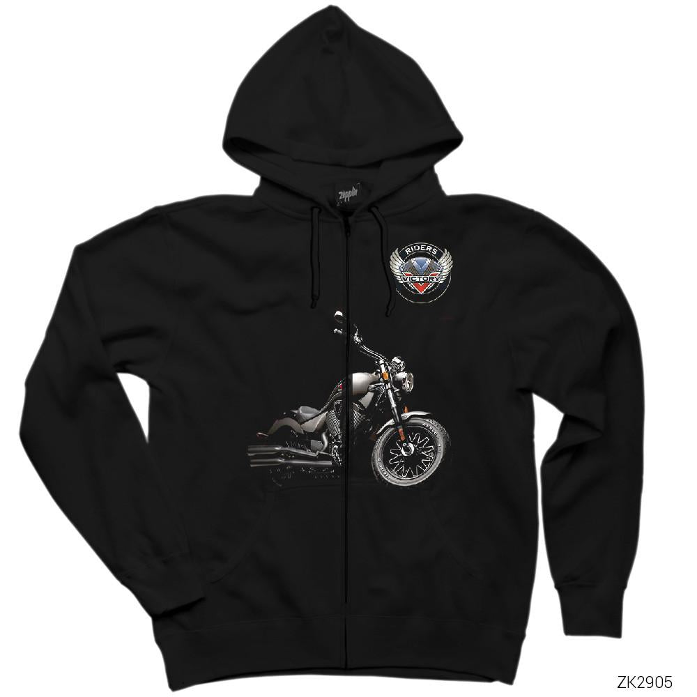Victory Gunner Motorcycle Siyah Fermuarlı Kapşonlu Sweatshirt