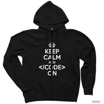 Keep Calm Code Siyah Fermuarlı Kapşonlu Sweatshirt