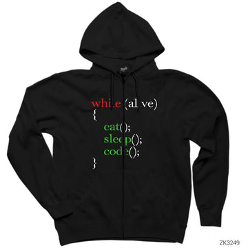 Eat Sleep Code Yazılımcı Siyah Fermuarlı Kapşonlu Sweatshirt