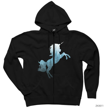 Unicorn Orman Siyah Fermuarlı Kapşonlu Sweatshirt