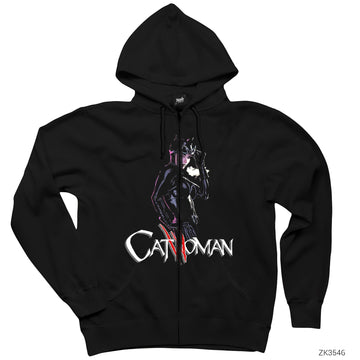 Catwoman Siyah Fermuarlı Kapşonlu Sweatshirt