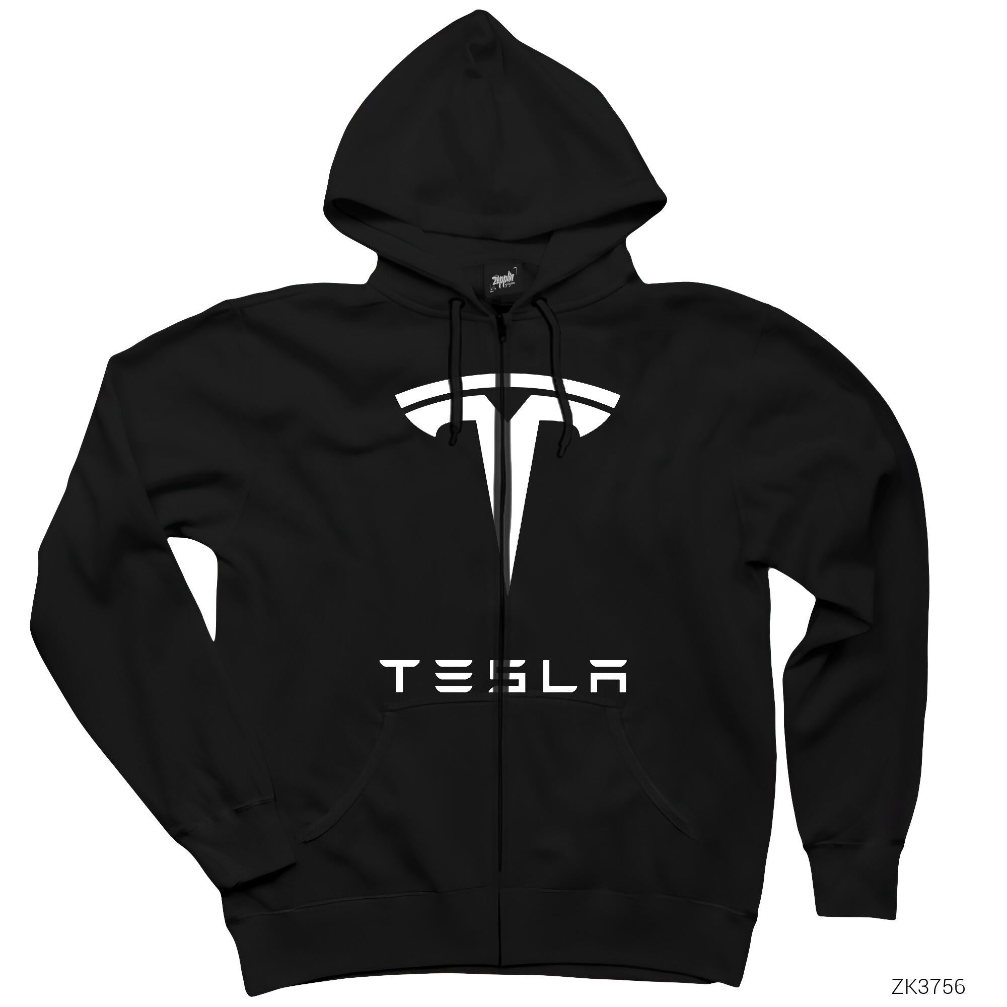 Tesla Logo Siyah Fermuarlı Kapşonlu Sweatshirt