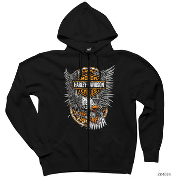 Harley Davidson Engineer Eagle Siyah Fermuarlı Kapşonlu Sweatshirt