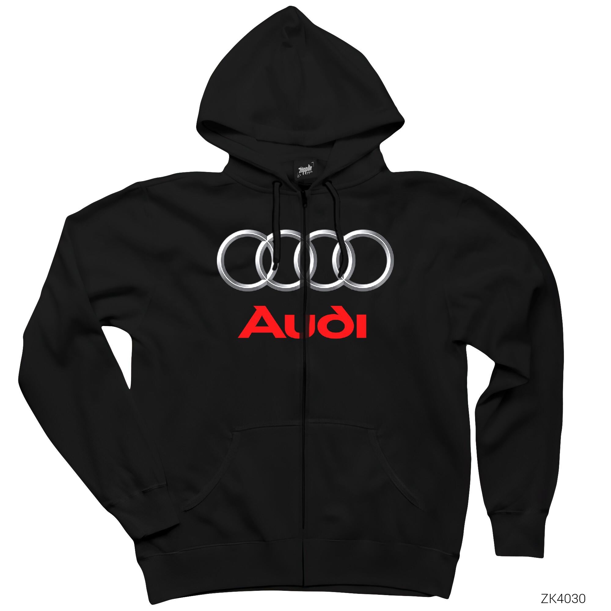 Audi Logo Siyah Fermuarlı Kapşonlu Sweatshirt