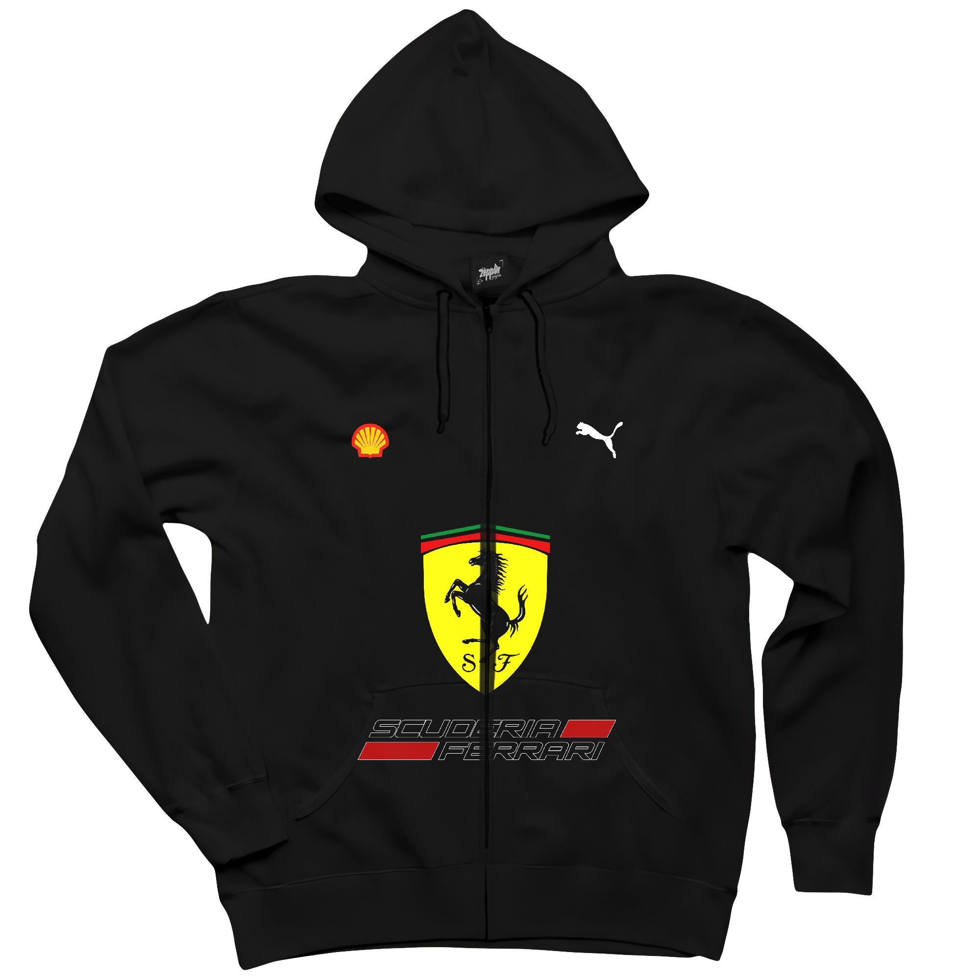 F1 Ferrari Siyah Fermuarlı Kapşonlu Sweatshirt