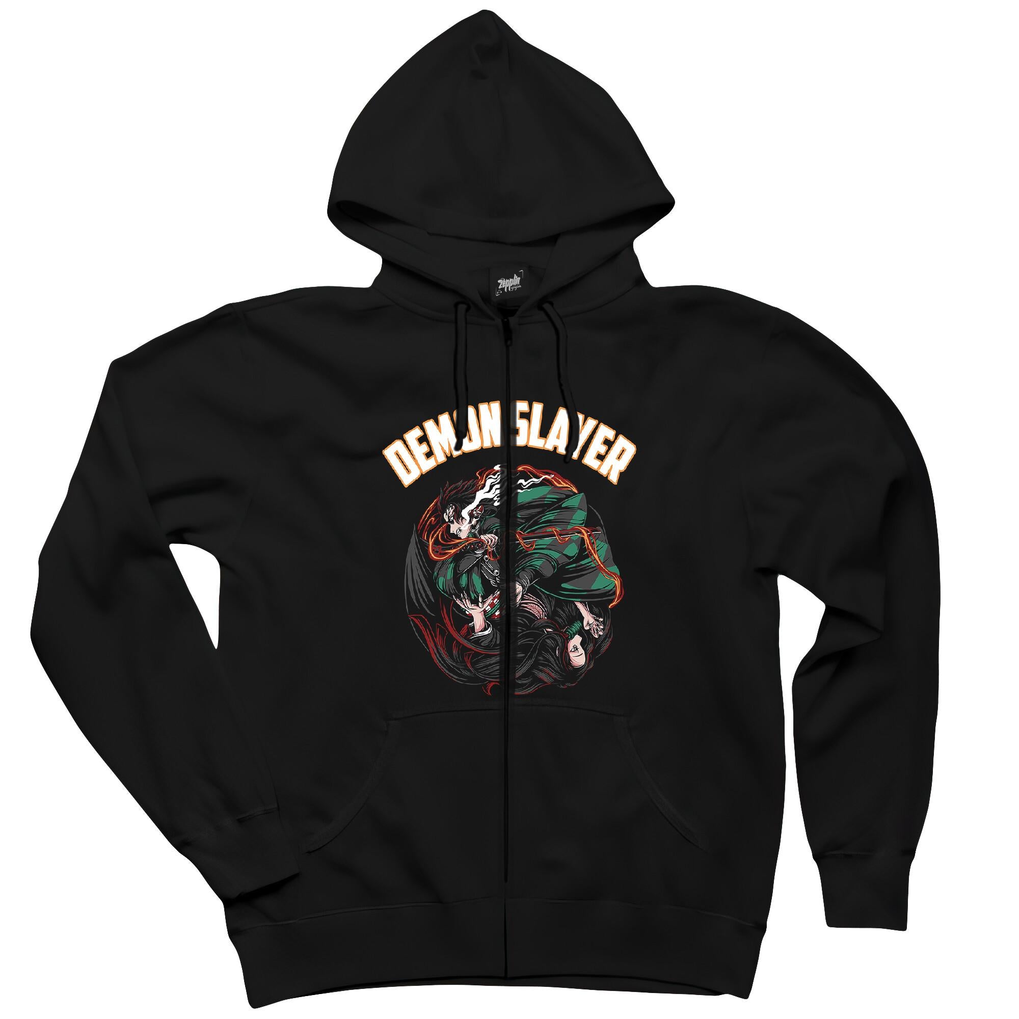 Demon Slayer Siyah Fermuarlı Kapşonlu Sweatshirt
