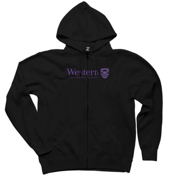 Western University Purple Logo Siyah Fermuarlı Kapşonlu Sweatshirt