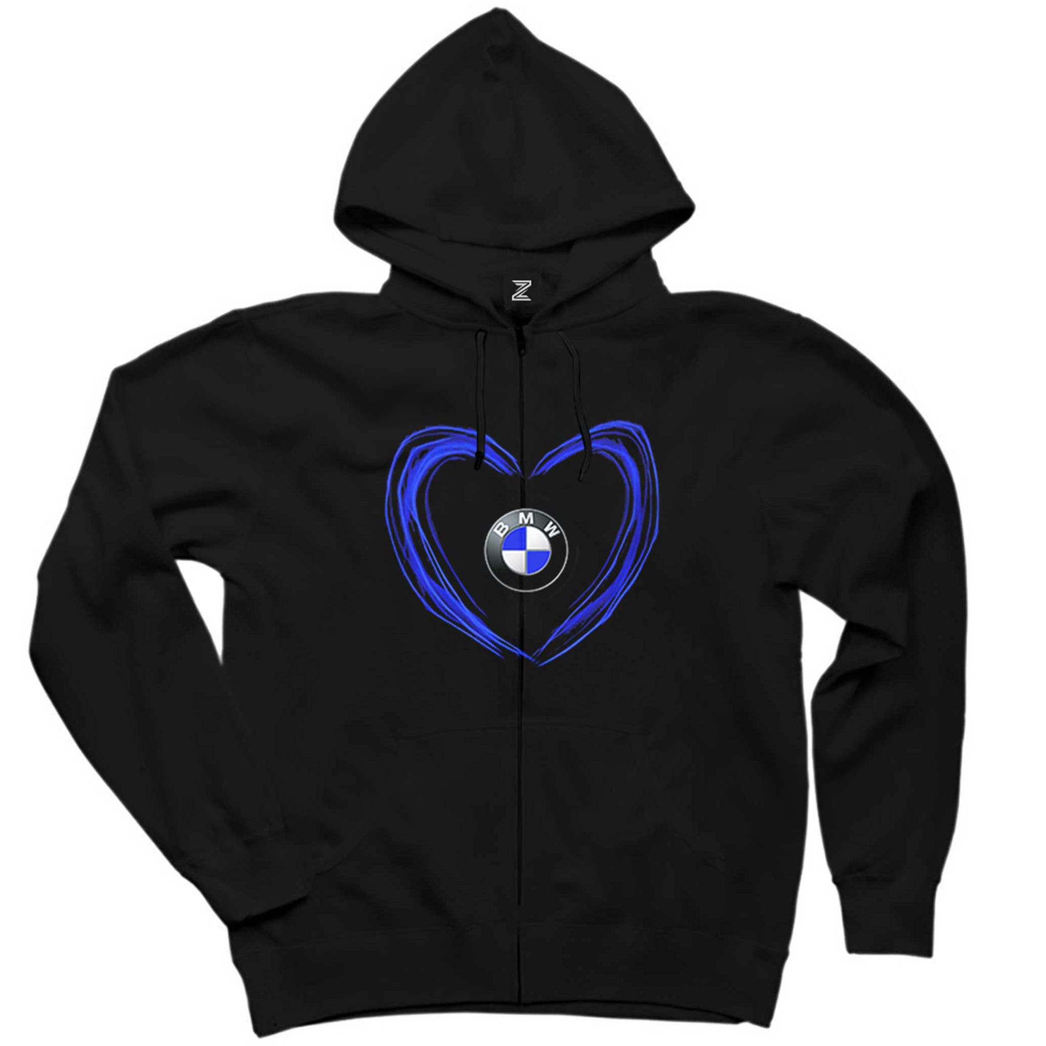 BMW Heart Logo Siyah Fermuarlı Kapşonlu Sweatshirt