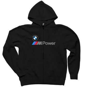 BMW Logo M Power Yazı Siyah Fermuarlı Kapşonlu Sweatshirt