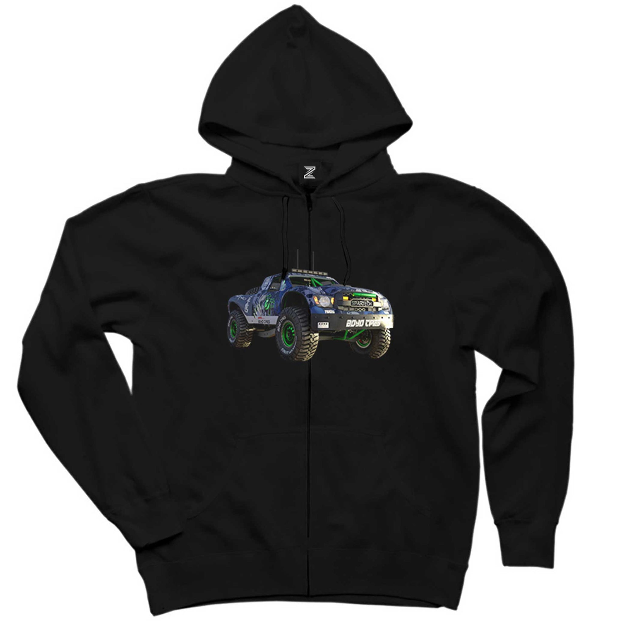 Off Road Yarış Arabası Siyah Fermuarlı Kapşonlu Sweatshirt