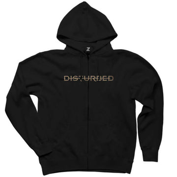 Disturbed Text Siyah Fermuarlı Kapşonlu Sweatshirt