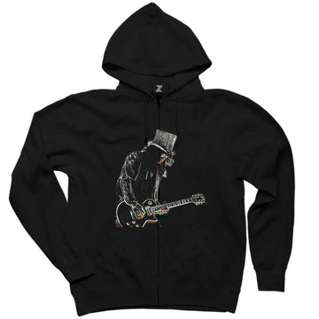 Slash Siluet Guitar Siyah Fermuarlı Kapşonlu Sweatshirt