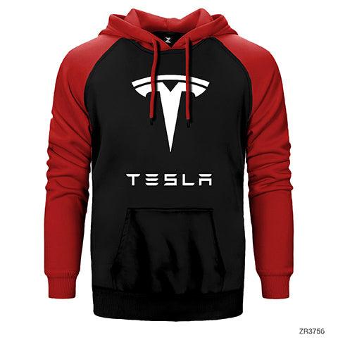 Tesla Logo Çift Renk Reglan Kol Sweatshirt / Hoodie - Zepplingiyim