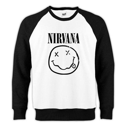 Nirvana Smiley Face Reglan Kol Beyaz Sweatshirt - Zepplingiyim