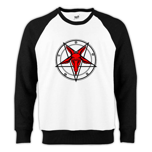 Pentagram Goat Head Reglan Kol Beyaz Sweatshirt - Zepplingiyim