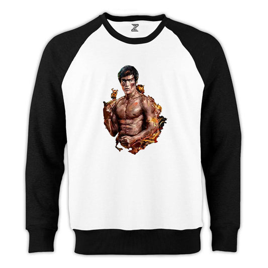 Bruce Lee Kick Dragon Reglan Kol Beyaz Sweatshirt - Zepplingiyim