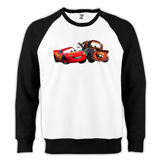 Şimşek McQueen ve Tow Mater Arabalar Reglan Kol Beyaz Sweatshirt - Zepplingiyim