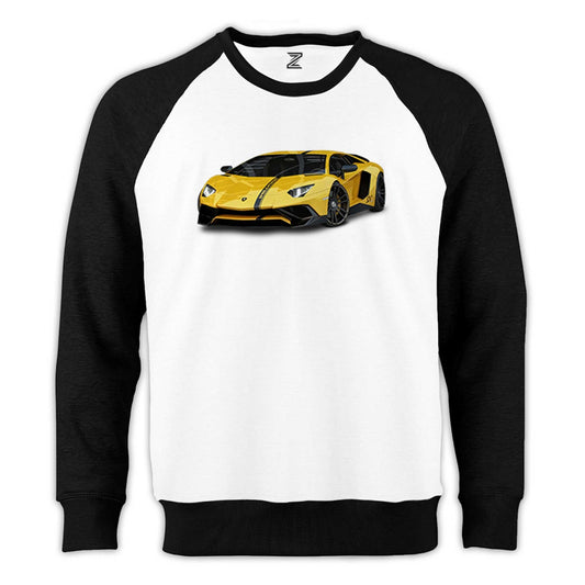 Lamborghini Aventador Yellow Reglan Kol Beyaz Sweatshirt - Zepplingiyim