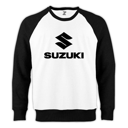 Suzuki Logo Text Black Reglan Kol Beyaz Sweatshirt - Zepplingiyim