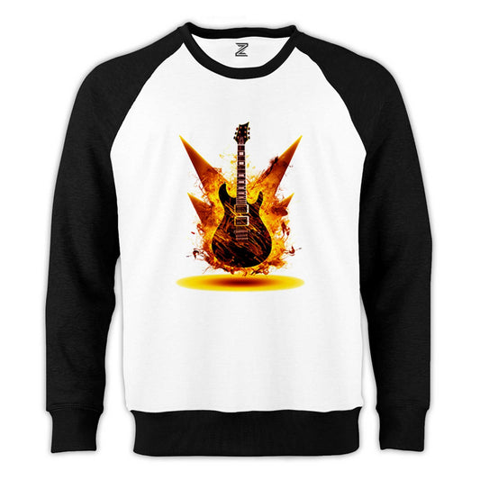 Classic Guitar Yellow Fire Reglan Kol Beyaz Sweatshirt - Zepplingiyim