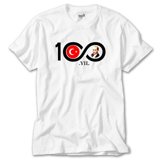 100.Yıl Atatürk Baskılı Beyaz Tişört - Zepplingiyim