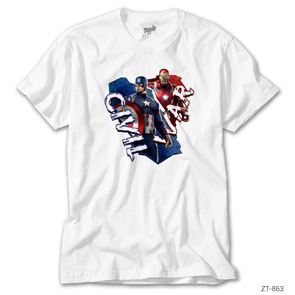 Civil War Iron Man vs. Captain America Beyaz Tişört - Zepplingiyim